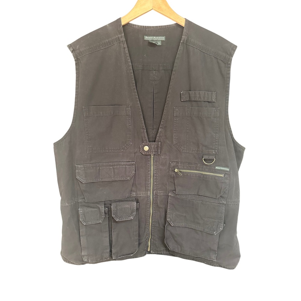 Royal Robbins Mens XL Black Cotton Multi Pocket Utility Tactical Travel Vest